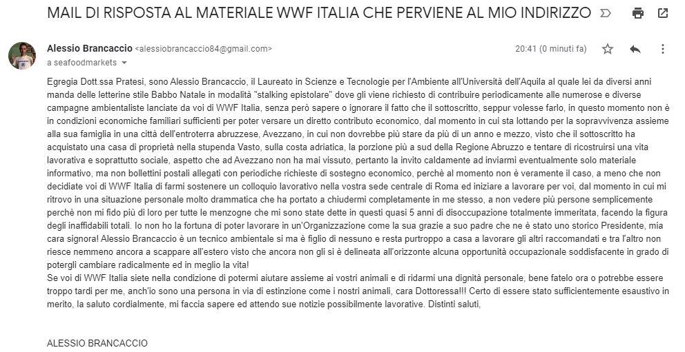 MAIL A ISABELLA PRATESI WWF ITALIA PER RICEVIMENTO MATERIALE CAMPAGNE AMBIENTALISTE